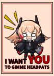  024hertz 0_0 1girl :3 arm_up bangs black_jacket blonde_hair blush_stickers chibi english_commentary girls_frontline gloves headgear highres jacket long_hair m4_sopmod_ii_jr multicolored_hair open_mouth parody redhead smile solo standing streaked_hair 