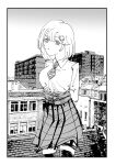  1girl absurdres arms_behind_back border brick brick_wall building closed_mouth eyelashes greyscale hair_between_eyes highres hololive hololive_english long_skirt monochrome monocle necktie outdoors rooftop shirt_tucked_in short_hair skirt solo thigh-highs thigh_strap watson_amelia white_border xyanaid 