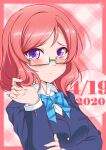  1girl absurdres bangs blazer blush breasts bunji commentary dated glasses green-framed_eyewear hair_twirling highres jacket long_sleeves looking_at_viewer love_live! love_live!_school_idol_project medium_breasts nishikino_maki otonokizaka_school_uniform redhead school_uniform semi-rimless_eyewear shiny shiny_hair short_hair signature solo under-rim_eyewear upper_body violet_eyes 