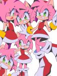  1girl amy_rose boots dress furry furry_female gloves green_eyes head_tilt highres looking_at_viewer multiple_views open_mouth pantyhose pink_legwear red_dress red_footwear sleeveless sleeveless_dress smile sonic_(series) sweatdrop white_background white_gloves yen0028 