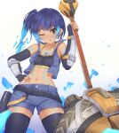  1girl absurdres blue_hair brown_eyes chest_jewel fiery_hair flat_chest glowing_lines hammer high_tops highres holding holding_hammer holding_weapon kyl490 navel sena_(xenoblade) shoulder_strap solo sports_bra weapon white_background xenoblade_chronicles_(series) xenoblade_chronicles_3 