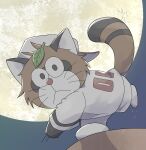  1boy absurdres baseball_uniform character_request doraemon full_moon furry furry_male gizugazu highres leaf leaf_on_head looking_at_viewer male_focus moon night pitching pitching_mound raccoon_tail solo sportswear tail whiskers 