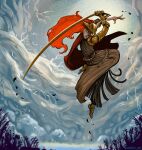  1girl brown_dress cape closed_mouth dress elden_ring facing_viewer fighting_stance floating floating_hair gabitz helmet highres holding holding_sword holding_weapon long_hair malenia_blade_of_miquella prosthesis prosthetic_arm red_cape redhead solo sword twitter_username weapon winged_helmet 