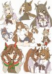  6+girls :d absurdres animal_ears bangs black_hair black_skirt blue_eyes bow bowl bowtie brown_dress brown_eyes brown_footwear brown_hair character_request chopsticks closed_eyes closed_mouth daiwa_scarlet_(umamusume) dark-skinned_female dark_skin dress enonko green_dress green_eyes grey_hair hair_bow hair_ornament highres hishi_amazon_(umamusume) holding holding_bowl holding_chopsticks horse_ears horse_girl horse_tail long_hair long_sleeves looking_at_viewer multiple_girls off-shoulder_dress off_shoulder oguri_cap_(umamusume) one_eye_closed open_mouth orange_hair polka_dot polka_dot_background polo_shirt ponytail purple_bow purple_bowtie red_legwear school_uniform shirt short_hair sitting skirt smile tail thigh-highs tosen_jordan_(umamusume) twintails umamusume white_background white_dress white_legwear white_shirt 