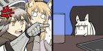  3girls anger_vein angry animal_ear_fluff animal_ears animalization arknights armor bangs blemishine_(arknights) blonde_hair closed_mouth crying crying_with_eyes_open cup dlanon drinking_glass english_commentary expressionless eyebrows_visible_through_hair fartooth_(arknights) fur_trim gauntlets hair_between_eyes helmet horse_ears horse_girl long_hair meme multiple_girls open_mouth orange_eyes parody platinum_(arknights) pointing pointing_at_another sitting tears teeth twitter_username upper_body 