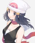  1girl beanie black_hair black_shirt blurry blush collarbone commentary_request eyelashes grey_eyes hair_ornament hairclip hat highres hikari_(pokemon) long_hair open_mouth poke_ball_print pokemon pokemon_(game) pokemon_dppt red_scarf ririmon scarf shirt sleeveless sleeveless_shirt solo tongue upper_body white_background white_headwear 