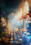  absurdres arch chair checkered_floor dated day english_commentary english_text garden highres lantern light light_rays no_humans original pillar plant rei_(lappy_mofumofu) scenery sunlight table vase 