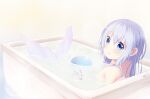 1girl absurdres bangs bath bathing bathtub blue_eyes blue_hair commentary_request completely_nude dated eyebrows_visible_through_hair gochuumon_wa_usagi_desu_ka? hair_between_eyes highres kafuu_chino long_hair looking_at_viewer looking_back mermaid monster_girl nude open_mouth partially_submerged solo troll_z0r 