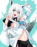  1girl :d ahoge animal_ears black_skirt breasts detached_sleeves fox_ears fox_shadow_puppet fox_tail green_eyes highres hololive l-phy long_hair looking_at_viewer medium_breasts navel shirakami_fubuki signature skirt smile solo tail teeth upper_teeth virtual_youtuber white_hair 