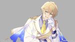  1boy arm_rest blonde_hair blue_eyes buttons capelet collared_shirt copyright double-breasted epaulettes gloves gold_trim grey_background grey_shirt hand_on_own_face head_tilt highres holostars jacket kishido_temma lapel_pin looking_at_viewer male_focus necktie official_art senzaki_makoto shirt shoulder_sash simple_background smile solo twitter_username two-sided_fabric upper_body white_gloves white_jacket yellow_necktie 