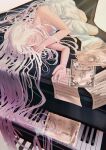  1girl closed_eyes drawing dress elf highres instrument kein_hasegawa long_hair original piano pointy_ears sheet_music silver_hair sleeping very_long_hair white_dress 