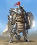  1other absurdres ambiguous_gender armor day full_armor gauntlets helm helmet highres holding holding_shield holding_weapon knight original outdoors shield shoulder_armor shoulder_plates solo standing weapon wint3rfinger 