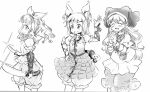  1980s_(style) 1girl 2girls apron armor armored_dress bad_id bad_twitter_id bangs bloomers blouse blunt_bangs closed_eyes double_bun dress greyscale hair_ribbon haniwa_(statue) haniyasushin_keiki happy head_scarf holding holding_sword holding_weapon joutouguu_mayumi long_hair magatama magatama_necklace monochrome multiple_girls open_mouth puffy_short_sleeves puffy_sleeves retro_artstyle ribbon short_hair short_sleeves simple_background single_strap sketch sword takemoto_izumi_(style) touhou underwear vambraces weapon white_background yatyou 