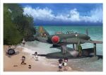  6+girls abyssal_ship aircraft beach black_hair blue_sky clouds day enemy_naval_mine_(kancolle) fairy_(kancolle) highres kantai_collection minigirl multiple_girls ocean outdoors palm_leaf propeller seaplane sky tentacles timmyyen tree visor_cap 