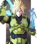  1boy 1girl aqua_eyes black_bodysuit blonde_hair blue_hair blue_skin bodypaint bodysuit breasts cloud_strife colored_skin cortana cortana_(cosplay) cosplay crab energy_sword final_fantasy final_fantasy_vii final_fantasy_vii_remake halo_(series) halo_infinite highres holding holding_sword holding_weapon hologram large_breasts long_hair low-tied_long_hair master_chief master_chief_(cosplay) minigirl no_headwear no_helmet painted_clothes power_armor power_suit spartan_(halo) spiky_hair sword tifa_lockhart type-1_energy_sword weapon weapon_on_back yoracrab 