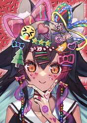  1girl absurdres animal_ears black_hair blue_hair bow choker collarbone colored_inner_hair emoji hair_bow hair_ornament hairclip hand_on_own_chin heart highres hololive looking_at_viewer multicolored_hair ookami_mio pink_bow portrait red_background red_choker sailor_collar siranami_eight smile solo star_(symbol) star_hair_ornament sticker v virtual_youtuber wolf_ears wolf_girl 