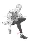  1boy bakugou_katsuki bangs boku_no_hero_academia can crossed_legs drink elbow_on_thigh full_body greyscale haru_(reharux035) highres holding holding_can leggings legwear_under_shorts long_sleeves looking_at_viewer male_focus monochrome off_shoulder overshirt shirt_under_shirt shoes short_hair shorts signature sitting sitting_on_object sketch sleeves_rolled_up sneakers solo spiky_hair spot_color tank_top toned toned_male twitter_username workout_clothes 