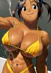  1girl abs biceps bikini black_eyes black_hair breasts cessa cowboy_shot dark-skinned_female dark_skin earrings english_commentary gradient gradient_background hair_ornament jewelry large_breasts midriff muscular muscular_female navel original pouring pouring_onto_self smile solo swimsuit toned twintails water wet yellow_bikini 