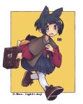  1girl animal_ears bangs black_hair black_skirt blush boots brown_capelet brown_footwear capelet commentary english_commentary eyebrows_visible_through_hair fox_ears fox_girl fox_tail full_body holding japanese_clothes kimono kitsune kukuri_(mawaru) long_sleeves looking_at_viewer mawaru_(mawaru) open_mouth original pantyhose pleated_skirt red_kimono school_briefcase skirt solo tail two-tone_background violet_eyes white_background white_legwear wide_sleeves yellow_background 