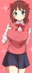  1girl :o amami_haruka bangs blunt_bangs blush breasts brown_hair cowboy_shot green_eyes hair_ribbon hand_on_own_chest highres idolmaster idolmaster_(classic) large_breasts looking_at_viewer neck_ribbon pocchari red_background red_vest ribbon school_uniform simple_background solo sparkle_print vest 