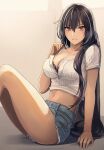  1girl arm_support black_bra black_hair bra breasts collarbone denim denim_shorts grin highres kantai_collection kasumi_(skchkko) large_breasts long_hair looking_at_viewer nagato_(kancolle) navel red_eyes shirt shorts sitting smile solo underwear white_shirt 