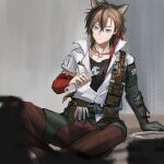 1boy absurdres animal_ears arknights armband belt black_shirt blue_eyes brown_hair cat_boy cat_ears full_body gloves highres indoors jacket jewelry male_focus necklace orlijiang red_armband ring_necklace shirt short_hair sitting solo stainless_(arknights) utility_belt white_jacket wrench