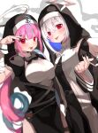  2girls amane_kanata black_lips black_nails blue_hair blush breasts cigarette colored_inner_hair cowlick god-ish_(vocaloid) grey_hair habit halo highres hitsujisnow holding holding_cigarette hololive long_hair low_twintails medium_breasts minato_aqua multicolored_hair multiple_girls nun pink_hair red_eyes short_hair small_breasts smile smoking streaked_hair tongue tongue_out twintails v very_long_hair virtual_youtuber white_background 