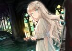  1girl absurdres akasaka_asa aqua_eyes bangs blunt_bangs blurry blurry_foreground candle dress ender_lilies_quietus_of_the_knights hair_ribbon highres holding indoors lily_(ender_lilies) long_hair looking_at_viewer ribbon shiny shiny_hair short_sleeves silver_hair solo_focus stairs very_long_hair white_dress 