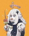  1girl eating eyebrows_visible_through_hair food food_in_mouth genshin_impact hair_flaps hair_ornament hairclip halo hand_on_hip highres holding holding_skewer jun_(seojh1029) kebab meat mechanical_halo medium_hair paimon_(genshin_impact) poncho scarf simple_background skewer solo sweater upper_body violet_eyes white_hair 