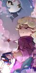  1boy ahoge bangs bede_(pokemon) blonde_hair blurry closed_mouth coat commentary_request curly_hair gloves great_ball hatterene holding holding_poke_ball huan_li male_focus poke_ball pokemon pokemon_(creature) pokemon_(game) pokemon_swsh purple_coat short_hair smile smug sparkle violet_eyes 