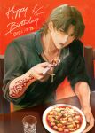  1boy absurdres black_shirt breath brown_hair collared_shirt cross cross_necklace eating fate/grand_order fate_(series) food from_above highres jewelry kotomine_kirei male_focus mapo_tofu necklace shirt short_hair solo spoon tuto_(mokuchin09) 