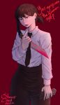  absurdres black_eyes black_hair blood chainsaw_man hair_ornament hairclip higashiyama_kobeni highres knife looking_at_viewer necktie non-web_source pointing red_background shirt walkie-talkie white_shirt 