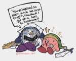  after_battle armor bandages bandaid cape english_text green_headwear kirby kirby_(series) looking_at_another mask meta_knight munchbox_art shoulder_armor sitting smile speech_bubble sword weapon 