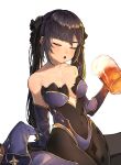  1girl absurdres bangs bare_shoulders beer_mug black_hair breasts closed_eyes collarbone covered_navel cup detached_sleeves eungi genshin_impact hat hat_removed headwear_removed highres holding holding_cup leotard long_hair medium_breasts mona_(genshin_impact) mug open_mouth purple_leotard sidelocks simple_background solo strapless strapless_leotard twintails white_background witch_hat 
