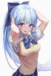  1girl :d absurdres arms_up bangs blue_bow blue_eyes blue_skirt blunt_bangs blush bow bowtie breasts cowboy_shot eyebrows_visible_through_hair from_above genshin_impact hair_bow hair_ribbon hair_tubes hands_on_own_head highres kamisato_ayaka light_blue_hair long_hair looking_at_viewer medium_breasts nagul open_mouth plaid plaid_bow plaid_bowtie plaid_skirt ponytail ribbon school_uniform shiny shiny_hair shirt short_sleeves simple_background skirt smile solo sweater_vest tress_ribbon very_long_hair white_background white_shirt wing_collar yellow_sweater_vest 
