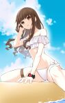  1girl bangs bikini black_scrunchie blue_sky bow brown_eyes brown_hair clouds code_none collarbone day fate/extra fate_(series) floating_hair hand_in_own_hair highres kishinami_hakuno_(female) long_hair navel off-shoulder_bikini off_shoulder outdoors scrunchie side-tie_bikini skindentation sky solo swimsuit very_long_hair white_bikini white_bow wrist_scrunchie 