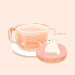  animal bear black_tea chai_(drawingchisanne) commentary_request cup doughnut english_text food food_focus glass in_food no_humans original polar_bear signature simple_background sitting sweets tea teacup undersized_animal 