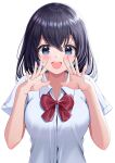  1girl :d bangs bare_arms black_hair blue_eyes bow bowtie collared_shirt dress_shirt eyebrows_visible_through_hair hair_between_eyes highres looking_at_viewer medium_hair nao_(nao85364) open_mouth original red_bow red_bowtie shiny shiny_hair shirt short_sleeves simple_background smile solo straight_hair upper_body white_background white_shirt wing_collar 