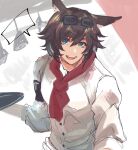  1boy animal_ears arknights bishounen blue_eyes chef_uniform courier_(arknights) fox_boy fox_ears goggles goggles_on_head highres hiyofumi looking_at_viewer male_focus open_mouth red_scarf scarf short_hair smile solo upper_body 