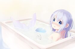  1girl absurdres bangs bath bathing bathtub blue_eyes blue_hair blush commentary_request completely_nude dated eyebrows_visible_through_hair gochuumon_wa_usagi_desu_ka? hair_between_eyes highres kafuu_chino long_hair looking_at_viewer looking_back mermaid monster_girl nude open_mouth partially_submerged solo troll_z0r 