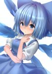  1girl :o blue_dress blue_eyes blue_hair blush bow breasts cirno dress hair_bow highres ice ice_wings looking_ahead naganegi_(yvee2588) puffy_short_sleeves puffy_sleeves ribbon short_hair short_sleeves simple_background solo touhou white_background wings 