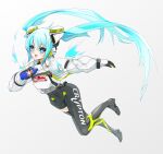  1girl absurdres airborne black_bodysuit black_footwear black_gloves black_legwear blue_eyes blue_hair bodysuit boots can covered_navel eyebrows_visible_through_hair floating_hair gloves grey_background hatsune_miku hela_png highres holding holding_can long_hair open_mouth racing_miku racing_miku_(2022) single_thighhigh smile solo thigh-highs v-shaped_eyebrows very_long_hair vocaloid 