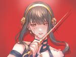  1girl black_hair blood blood_on_face dagger earrings face hair_ornament hair_stick hairband highres holding holding_dagger holding_weapon jewelry knife red_background red_eyes rose_hair_ornament sidelocks solo spy_x_family weapon yashiiit_0112 yor_briar 