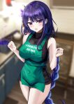  1girl absurdres apron bangs bare_arms bare_shoulders black_sweater blurry blurry_background blush braid braided_ponytail breasts commentary commentary_request covered_navel dress eyebrows_visible_through_hair genshin_impact green_apron hair_ornament hanasaka_houcha hands_up highres iced_latte_with_breast_milk_(meme) indoors large_breasts long_hair looking_at_viewer meme open_mouth pot purple_hair raiden_shogun sleeveless sleeveless_sweater smile solo sweater sweater_dress thighs violet_eyes 