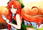  1girl bangs bare_shoulders bow braid eyebrows_visible_through_hair gloves green_eyes hat highres hong_meiling light_smile long_hair looking_at_viewer parted_bangs parted_lips qqqrinkappp redhead sleeveless solo star_(symbol) teeth touhou twin_braids very_long_hair white_gloves 