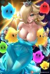  1girl bare_shoulders blonde_hair blue_dress blue_eyes blue_nails breasts collarbone crown dress earrings english_commentary enmanuelart20 glint hair_over_one_eye highres holding holding_wand jewelry large_breasts lips lipstick luma_(mario) makeup off-shoulder_dress off_shoulder parted_lips patreon_username rosalina star_(symbol) star_earrings star_wand super_mario_bros. super_mario_galaxy wand web_address wide_hips 
