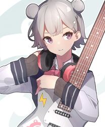  1girl blazer blue_jacket bow bowtie cevio commentary double_bun electric_guitar grey_hair grey_sweater guitar hair_ornament hairclip hands_on_headphones headphones headphones_around_neck highres holding holding_instrument instrument jacket koharu_rikka lightning_bolt_symbol logo mo_kiduti pink_bow pink_bowtie short_hair sideways_glance smile solo sweater synthesizer_v upper_body violet_eyes 