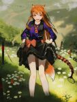  1girl :d absurdres animal_ears bare_legs bird black_skirt clouds commentary feet_out_of_frame flock flower fox_ears fox_tail grass highres holo legs long_hair long_sleeves looking_at_viewer mackia nature open_mouth orange_hair purple_shirt red_eyes shirt skirt skirt_hold smile solo spice_and_wolf straight-on sunlight tail white_flower 