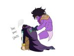  2boys black_hair coat hat highres jojo_no_kimyou_na_bouken kujo_jotaro long_sleeves multiple_boys purple_coat purple_headwear romaji_text stand_(jojo) star_(symbol) star_platinum stone_ocean sweatdrop tina_fate 