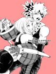  1boy 1girl ass bakugou_katsuki boku_no_hero_academia eye_mask foreground_text gloves greyscale grin hetero hug kaki_piyo monochrome open_mouth pink_background smile standing sweatdrop uraraka_ochako 